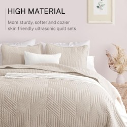 Exclusivo Mezcla Ultrasonic King Quilt Bedding Set, Lightweight Brich Beige Bedspreads Soft Modern Geometric Coverlet Set for All Seasons (1 Quilt and 2 Pillow Shams)