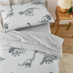 Wake In Cloud - Dinosaur Toddler Bedding Set for Boys, Dinosaur Dino Sketch, 4 Pieces Soft Crib Bed Set Including Comforter, Sheets and Pillowcase, Gray