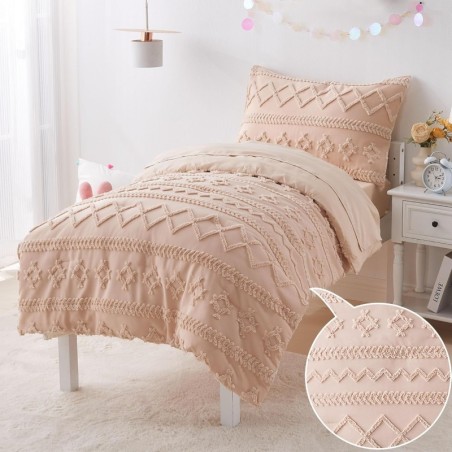 Toddler Bedding Set for Girls 4-Piece Boho Beige Tufted Toddler Comforter Set Jacquard Tufts Bed-in-a-Bag Crib Toddler Bed Sheet Set for Kids with Comforter, Flat Sheet, Fitted Sheet, Pillowcase