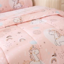 JSD Pink Unicorn Toddler Bedding Set, 4 Piece Bed-in-a-Bag Toddler Microfiber Comforter Sheet Set, All Season Machine Washable