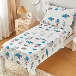 beeweed 4 Pieces Space Ship Toddler Bedding Set Boys Girls, 2 Sides Design Rocket Bed in a Bag Comforter Set, Includes 1 Comforter, 1 Fitted Sheet, 1 Flat Sheet & 1 Reversible Pillowcase