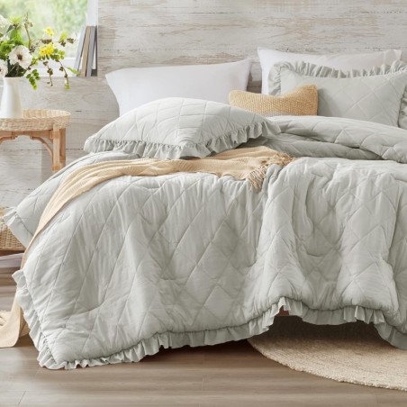 Degrees of Comfort Gray Ruffle Bedding Set, Shabby Chic Farmhouse Twin Size Comforter, Boho Fluffy Cozy Washed Microfiber Bed Sets, 3 Piece with Ruffled Pillow Shams