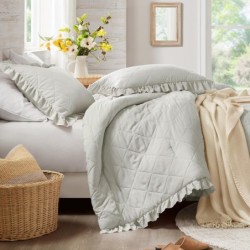 Degrees of Comfort Gray Ruffle Bedding Set, Shabby Chic Farmhouse Twin Size Comforter, Boho Fluffy Cozy Washed Microfiber Bed Sets, 3 Piece with Ruffled Pillow Shams