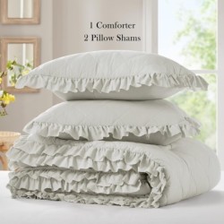 Degrees of Comfort Gray Ruffle Bedding Set, Shabby Chic Farmhouse Twin Size Comforter, Boho Fluffy Cozy Washed Microfiber Bed Sets, 3 Piece with Ruffled Pillow Shams