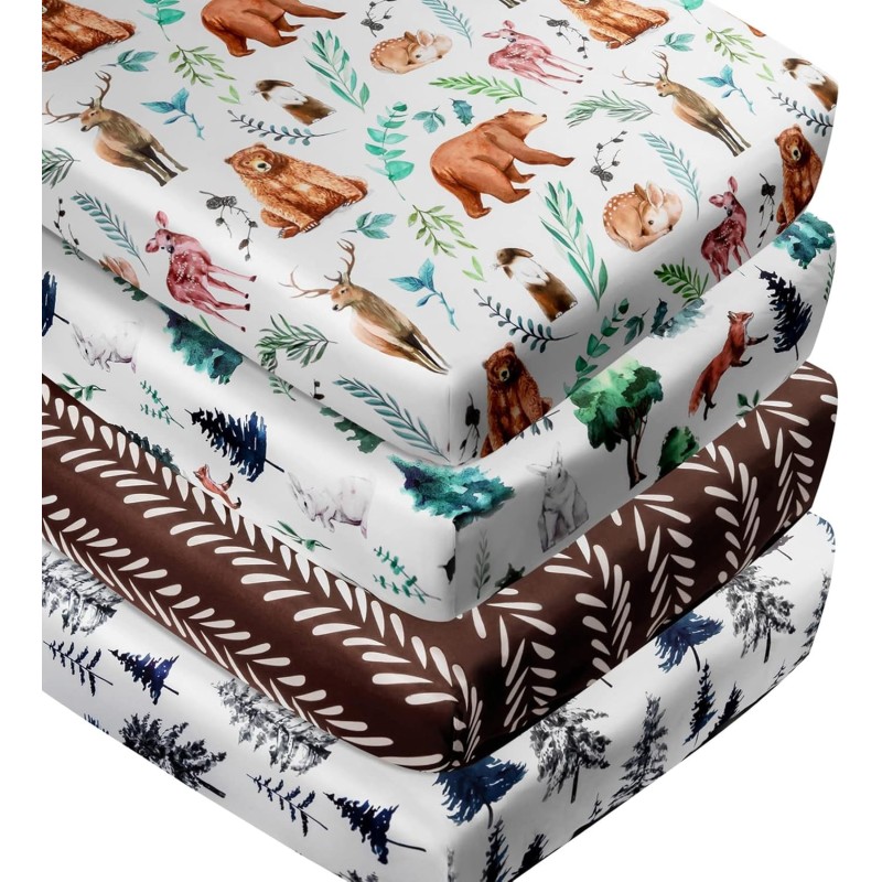 4 Pack Woodland Forest Animals Wood Neutral Unisex Fitted Baby Crib Sheets Set for Baby Boys or Girls