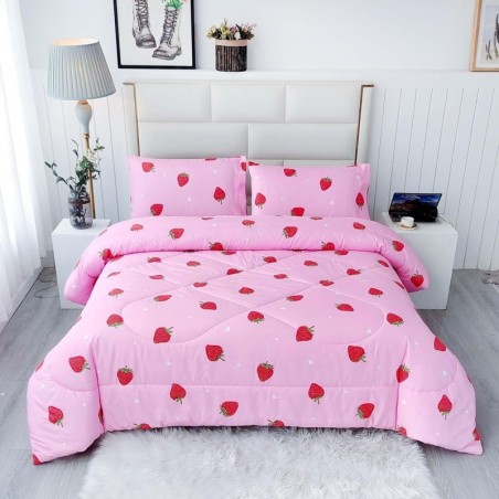 SDY 3PCS Strawberry Comforter Set Queen, Strawberry Queen Size Bedding Set, Kawaii Bed Set Kids Comforter Set, Cute Pink Bedding Room Decor for Girls, Children, Teen…