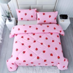 SDY 3PCS Strawberry Comforter Set Queen, Strawberry Queen Size Bedding Set, Kawaii Bed Set Kids Comforter Set, Cute Pink Bedding Room Decor for Girls, Children, Teen…