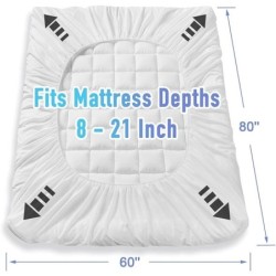 MATBEBY Bedding Quilted Fitted Queen Mattress Pad Cooling Breathable Fluffy Soft Mattress Pad Stretches up to 21 Inch Deep, Queen Size, White, Mattress Topper Mattress Protector