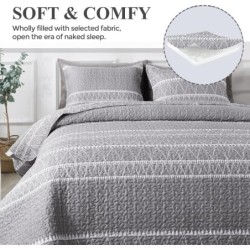 Andency Grey Queen Quilt Bedding Set, 3 Pieces (1 Striped Boho Printed Quilt 90x96 Inch and 2 Pillowcases), Bohemian Summer Lightweight Reversible Microfiber Bedspread Coverlet Sets