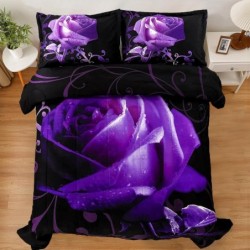 WONGS BEDDING Purple Comforter Set Full Reversible Purple Rose Pattern Bedding Comforter with 2 Pillowcases for All Seasons, Soft Microfiber Bedding Set for Full Bed 90"x78"