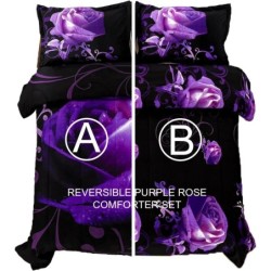 WONGS BEDDING Purple Comforter Set Full Reversible Purple Rose Pattern Bedding Comforter with 2 Pillowcases for All Seasons, Soft Microfiber Bedding Set for Full Bed 90"x78"