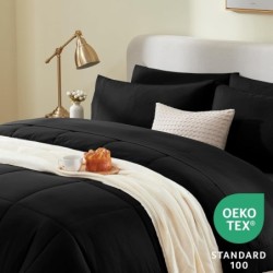 CozyLux Queen Comforter Set - 7 Pieces Bed in a Bag Set Black, Bedding Sets Queen with All Season Quilted Comforter, Flat Sheet, Fitted Sheet, Pillowcases, Black, Queen