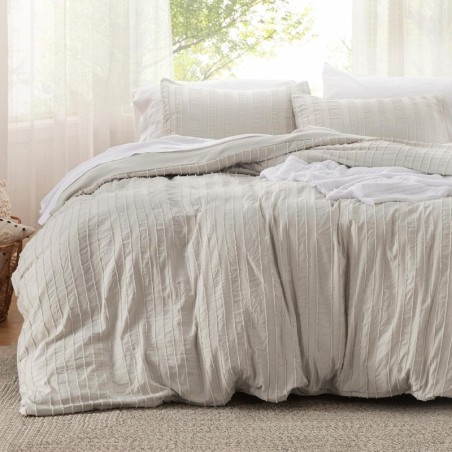 Bedsure Boho Comforter Set Queen - Tufted Bedding Comforter Set, 3 Pieces Farmhouse Shabby Chic Embroidery Bed Set Linen Color, Striped Pattern Comforter for All Seasons