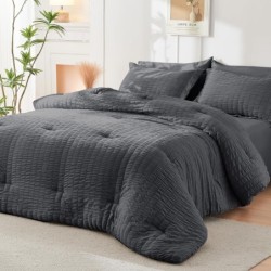 HYMOKEGE Queen Comforter Set Seersucker 7 Pieces, All Season Luxury Bed in a Bag for Bedroom, Bedding Set with Comforters, Sheets, Pillowcases & Shams, Dark Grey