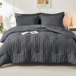 HYMOKEGE Queen Comforter Set Seersucker 7 Pieces, All Season Luxury Bed in a Bag for Bedroom, Bedding Set with Comforters, Sheets, Pillowcases & Shams, Dark Grey