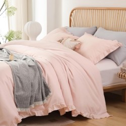 JANZAA Pink Blush Comforter Set Queen Comforter Set 3PCS (1 Ruffled Blush Comforter and 2 Pillowcases) Vintage Shabby Chic Bedding Soft Fluffy Comforter Set All Season