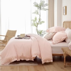 JANZAA Pink Blush Comforter Set Queen Comforter Set 3PCS (1 Ruffled Blush Comforter and 2 Pillowcases) Vintage Shabby Chic Bedding Soft Fluffy Comforter Set All Season