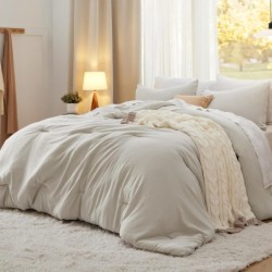 Bedsure Queen Size Comforter Sets, Beige Soft Prewashed Bed Comforter for All Seasons, 3 Pieces Warm Bedding Sets, 1 Lightweight Comforter (90"x90") and 2 Pillowcases (20"x26")