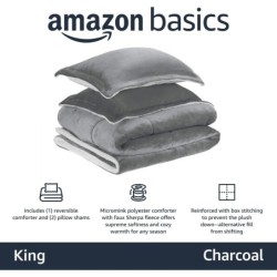 Amazon Basics Ultra-Soft Micromink Sherpa Comforter 3-Piece Bedding Set, Solid, King, Charcoal