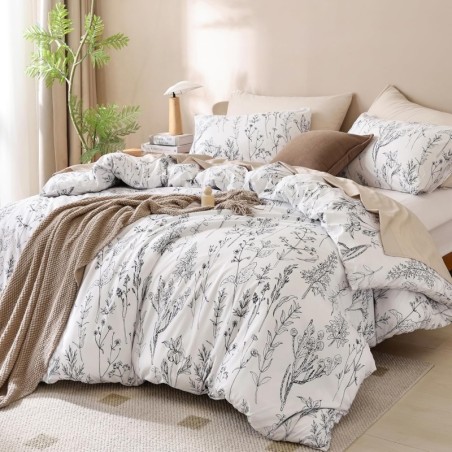 JANZAA Queen Comforter Set - Floral Comforters Queen Size, White Comforter, 3 Pieces, 1 Comforter (90"x90") & 2 Pillow Cases (20"x26"), White