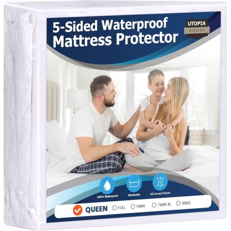 Utopia Bedding Waterproof 5-Sided Mattress Protector Queen Size, Premium Breathable Mattress Cover, Fitted Style with Stretchable Pockets (White)