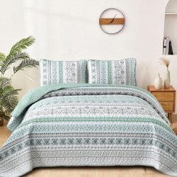 Boho Quilt Set Queen Size,3 Piece Mint Green Bohemian Striped Bedspread Coverlet Set with 2 Pillow Cases Lightweight Soft Microfiber Bedding Set for All Seasons (96"x90")