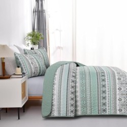 Boho Quilt Set Queen Size,3 Piece Mint Green Bohemian Striped Bedspread Coverlet Set with 2 Pillow Cases Lightweight Soft Microfiber Bedding Set for All Seasons (96"x90")