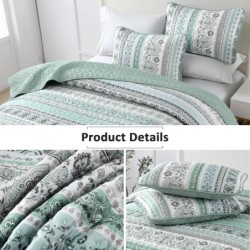 Boho Quilt Set Queen Size,3 Piece Mint Green Bohemian Striped Bedspread Coverlet Set with 2 Pillow Cases Lightweight Soft Microfiber Bedding Set for All Seasons (96"x90")