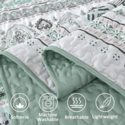 Boho Quilt Set Queen Size,3 Piece Mint Green Bohemian Striped Bedspread Coverlet Set with 2 Pillow Cases Lightweight Soft Microfiber Bedding Set for All Seasons (96"x90")