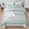 Boho Quilt Set Queen Size,3 Piece Mint Green Bohemian Striped Bedspread Coverlet Set with 2 Pillow Cases Lightweight Soft Microfiber Bedding Set for All Seasons (96"x90")