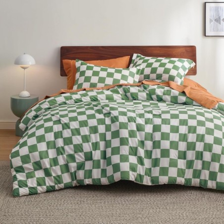 Bedsure Comforter Set Queen Size - Checkered Bedding Comforter Set, 3 Pieces, 1 Soft Green Comforter and 2 Pillow Shams