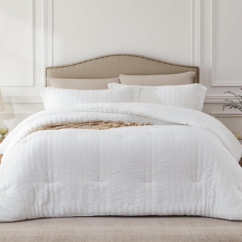 White Queen Comforter Set - 3 Pieces Seersucker Lightweight Bedding Comforter Sets (1 Soft Fluffy Comforter & 2 Pillowcases) - All Seasons Cozy Modern Bed Sets