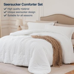 White Queen Comforter Set - 3 Pieces Seersucker Lightweight Bedding Comforter Sets (1 Soft Fluffy Comforter & 2 Pillowcases) - All Seasons Cozy Modern Bed Sets