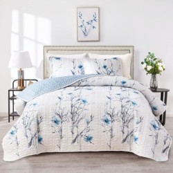 Botanical Quilt Set 3 Pieces King Size, Blue Flower Branch on White Reversible Bedspread Coverlet Set, Soft Microfiber Lightweight Bed Cover for All Season (102" x 90", 1 Quilt+ 2 Pillow Shams)