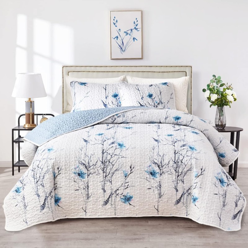 Botanical Quilt Set 3 Pieces King Size, Blue Flower Branch on White Reversible Bedspread Coverlet Set, Soft Microfiber Lightweight Bed Cover for All Season (102" x 90", 1 Quilt+ 2 Pillow Shams)