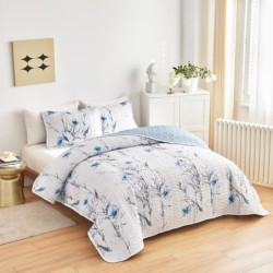 Botanical Quilt Set 3 Pieces King Size, Blue Flower Branch on White Reversible Bedspread Coverlet Set, Soft Microfiber Lightweight Bed Cover for All Season (102" x 90", 1 Quilt+ 2 Pillow Shams)