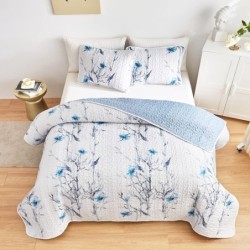 Botanical Quilt Set 3 Pieces King Size, Blue Flower Branch on White Reversible Bedspread Coverlet Set, Soft Microfiber Lightweight Bed Cover for All Season (102" x 90", 1 Quilt+ 2 Pillow Shams)