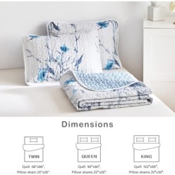 Botanical Quilt Set 3 Pieces King Size, Blue Flower Branch on White Reversible Bedspread Coverlet Set, Soft Microfiber Lightweight Bed Cover for All Season (102" x 90", 1 Quilt+ 2 Pillow Shams)